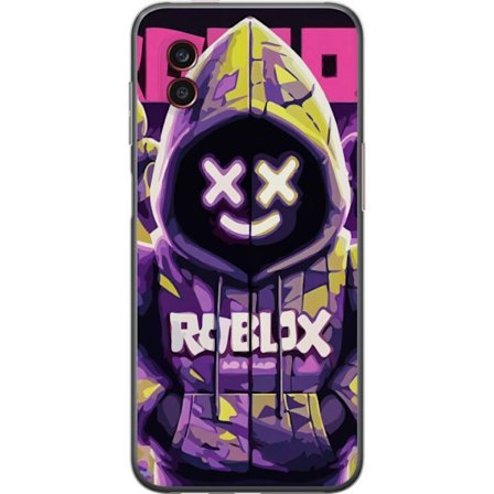 Kompatibel Mobilcover til Samsung Samsung Galaxy Xcover6 Pro Farverig Roblox-inspireret hættekarakter med neonfarver og maske, digital spilleillustra