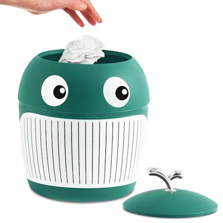 Bordskorg med lock - Liten soptunna i plast med valmotiv, söt mini-soptunna för skrivbord, vardagsrum, kontor, kök, badrum (Grön)