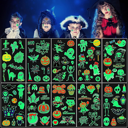 Glødende Halloween-Midlertidige Tatoveringer til Børn - Lysende Tegnefilmspøgelser, Uhyrer, Skeletter og Hekse