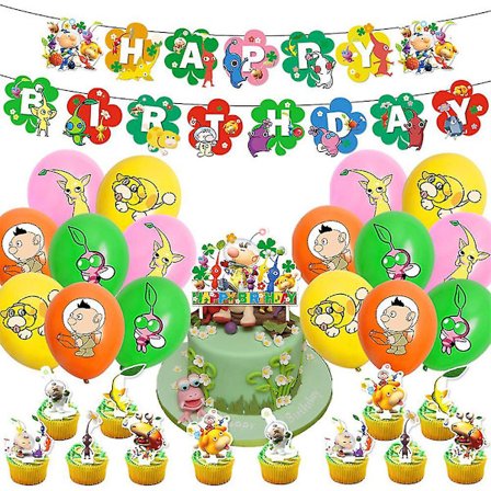 Pikmin Tema Børnefødselsdag Dekorationssæt Inkluderer Banner Balloner Kit Kage Cupcake Toppers (FMY)