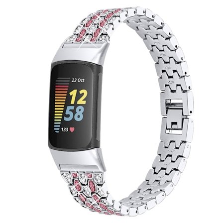Fitbit Charge 5 klockarmband med tre rader strassstenar - Silver / Ros