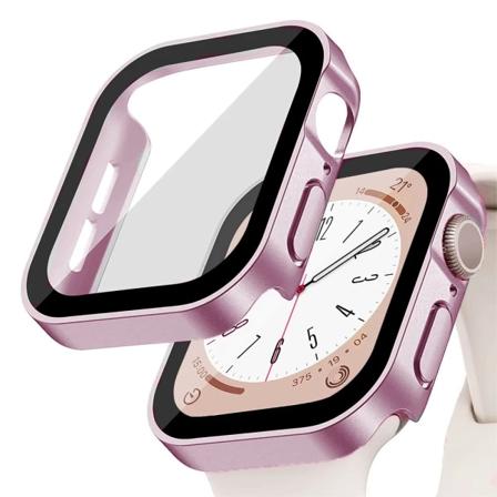 Glas+ cover För Apple Watch case serie 8 7 6 5 4 se 44mm 45mm 41mm 40mm PC Vattentät skärmskydd apple watch Tillbehör Matte rose 02 Series 7-8 41mm