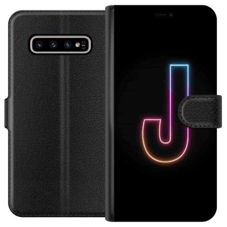 Kompatibelt Lommeboketui til Samsung Samsung Galaxy S10+ Minimalistisk neonbokstav J i fargeskiftende lys mot svart bakgrunn