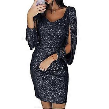 Dame Sexet Mini Kjole Glitter Langærmet Hofte Kjole Flot Paillet V-Hals Langærmet Kjole (L Sort)