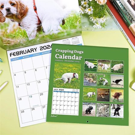 2024 Kalender - 12 Måneders Pooping Dogs Kalender 2024, Jan 2024 - Dec 2024, Sjov Hunde Vægkalender Gag Gaver, Perfekt Hvid Elefant Gave