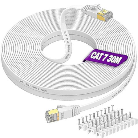 Lang Ethernet-kabel 30m, Cat 7 Høyhastighets Flat Internettkabel 30 Meter Nettverkskabel Hvit 10gbps 600mhz Rj45 Kabel 100ft Skjermet Lan Patch-kabel 