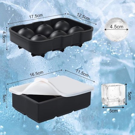 2 stk. silikon isbitbrett med lokk og trakter, sfæriske og firkantede isformer, perfekt for whisky, cocktails, vin, fruktdrikker