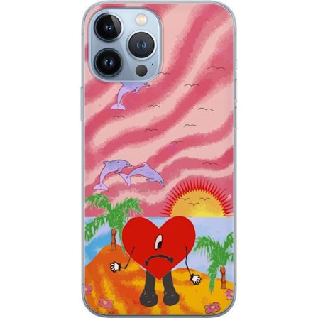 Kompatibelt Mobildeksel til Apple iPhone 13 Pro Max Bad Bunny i en fargerik quiltet jakke med hjertemønster og solbriller i moderne gatestil