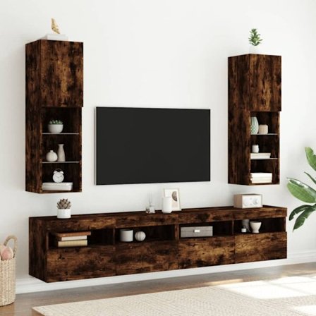 Tv-bänk med LED-belysning 2 st rökfärgad ek 30,5x30x102 cm