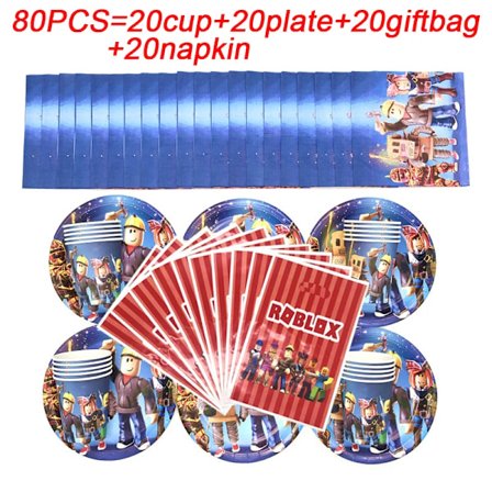 Fødselsdagsgaveposer til børn Roblox Tema Festartikler Papirtallerkener Krus Desserttallerkener Servietter Baby Shower Engangsservicesæt 80 stk.-XF1-
