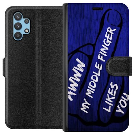 Kompatibelt Lommeboketui til Samsung Galaxy A32 5G Mørk typografisk illustrasjon med hjerteform og budskap om vennskap mot dyp blå tretekstur