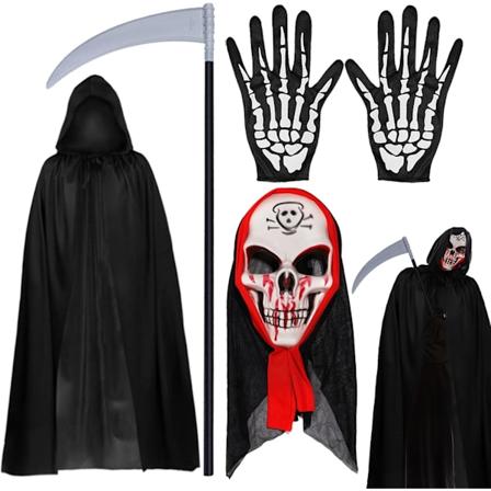 Grim Reaper kostume, skeletmaske, skelet handsker, grim reaper kappe til ondt kostume, cosplay rekvisitter voksne/børn en