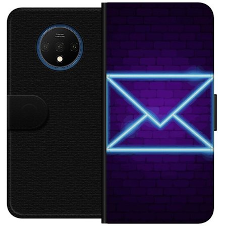 Kompatibel Tegnebogsetui til OnePlus OnePlus 7T Neon illustration af kuvert i blåt lys mod lilla teglvæg, moderne symbol for beskeder kommunikation