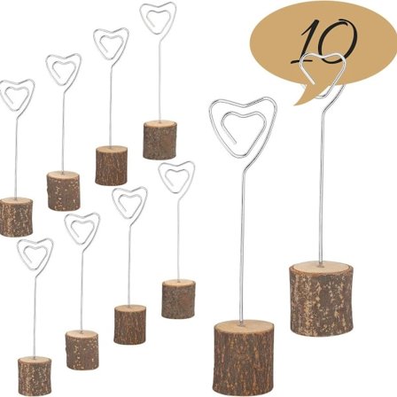 Pakke med 10 bordkortholdere med fotoholder i træ, memokorthjerteklemme KLB