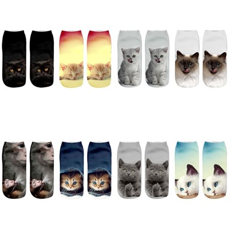 8 par med kattesokker, unisex ankelsokker, 3D-trykte crew-sokker KLB