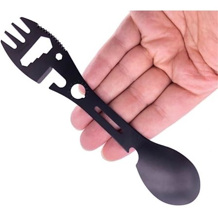 Multifunktionelt 5-i-1 bestiksæt: ske, gaffel, kniv, oplukker, dåseåbner | Essentielt til rejser, udendørs aktiviteter og camping (1 stk.)