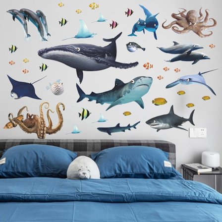 Et sett med sjødyr veggklistremerker dekorative klistremerker, havets undervannsverden veggdekor for soverom bad stue