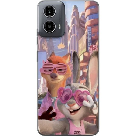 Yhteensopiva Puhelinkuori Motorola Motorola Moto G34 Animoituja eläimiä aurinkoisessa kaupunkiympäristössä, joilla on pinkit aurinkolasit ja posi