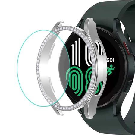 ENKAY Samsung Galaxy Watch 4 (44mm) rhinestone cover + skærmbeskytter i hærdet glas - Sølv Silver grey
