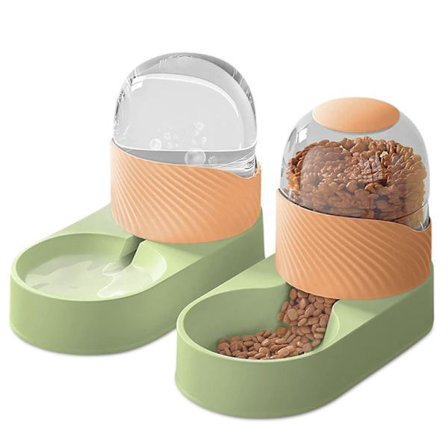 2-i-1 Automatisk Dispenser for Katter og Hunder - Tørrfôr og Vann - Mater og Drikker Hvit (Grønn-Oransje)