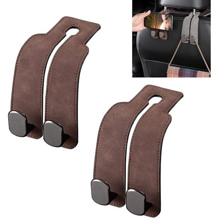 ING Bil Nakkestøtte Krog, Bagsæde Krog, Bagsæde Organizer, Læder Krog til Pung, Taske og Telefon (Brun, 2-pak)