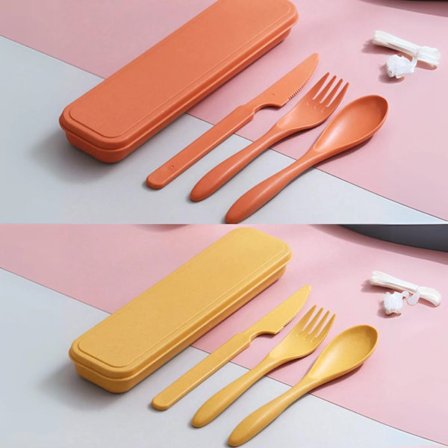 3-delt rejsesæt med opbevaringsetui, inklusive bærbar og genanvendelig gaffel, ske og kniv, velegnet til udendørs brug.