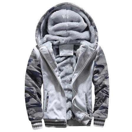 Herr Camo Print Patchwork Långärmad Dragkedja Huvtröja Fleecefodrad Rock Vinter Varma Ytterkläder Light Grey L