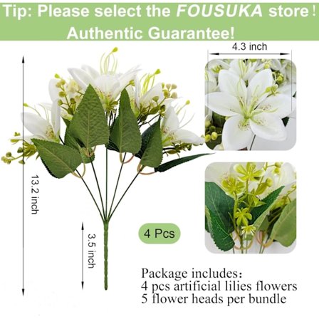 4-pak Silke Tiger Lily Kunstige Blomster til Bryllup og Boligindretning, Hvid