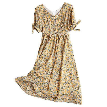 V-hals Fancy Snøring i Livet Kortarmet Kjole