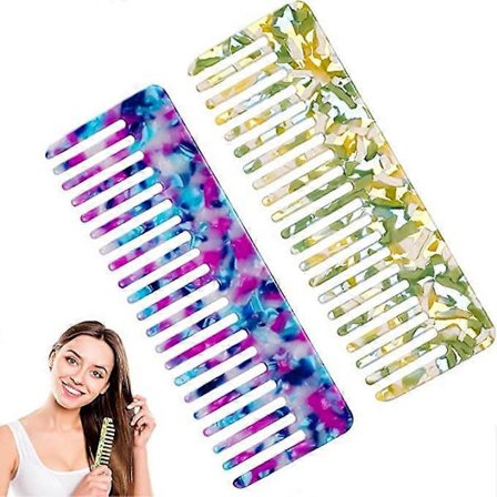 2 stk. marmormønstret bredtandet kam, velegnet til store hårudredningskamme med krøllet vådt og tørt hår. Bredtandet til kvinder og mænd