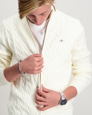 GANT COTTON CABLE FULL ZIP CARDIGAN Kremowy Swetry Chłopiec - Kids Brand Store