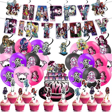 Monster High-tema festdekorasjoner, bursdagsbannere, ballonger og festutstyr.