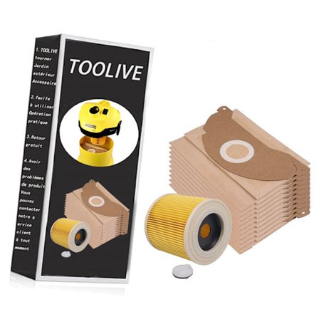 Paket med 10 dammsugarpåsar + filter för Kärcher A 2004 A 2024 A 2054 MV 2 Karcher 6.904-322 Kärcher MV2 WD2 Premium papperspåsar för torranvändning