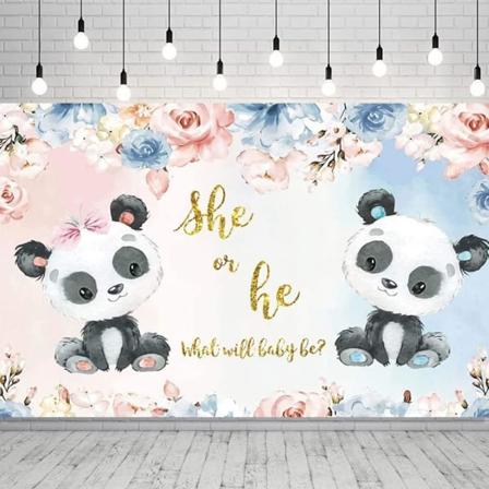 Panda Han eller Hun Kjønnsavsløring Fest Banner Vi Kan Nesten Ikke Vente Med Å Se Fotografi Bakgrunn Gutt Jente Fest Bakteppe Dekorasjon Rekvisita