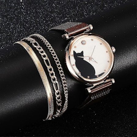 Klokker for kvinner Mote Damer Kvarts Armbåndsur Mesh Belte Katt Dial Klokken Med