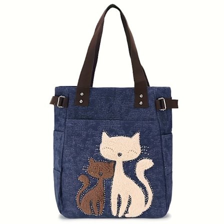 1 stk. Dametaske med kattebroderi - Sort skuldertaske med dyreprint, lynlåslukning og polyesterfor til arbejde