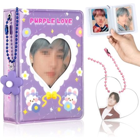 3 stk. 3 tommer Mini Fotoalbum Sæt Lilla Fotokort Holder Kærlighed Hjerte Hul Fotokort Binder Med Blomst Vedhæng Og DIY Hjerte Nøglering Til Samling