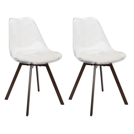 Sæt med 2 Stole med Transparent Skall og Polstret Hvid Velour - Metalben med Mørk Træeffekt
