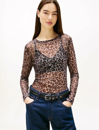Tommy Jeans Tjw Slim Aop Mesh Ls Top Ext - Brown - M