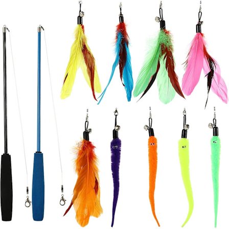 Katt leksaker - 11 Pack katt leksaker med infällbar trollstav och katt dammvippa