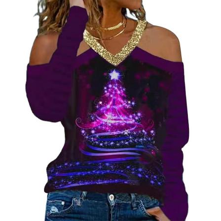 Naisten joulu Printed T-paita Pusero Xmas Cold Shoulder V-pääntie Pitkähihaiset Casual paidat Topit Plus Size Purple L