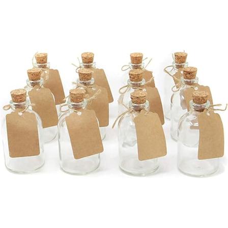 Sett med små klare glassvaser og etiketter på 100 ml (24 STK)