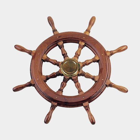 Spoked ship wheel Savoretti Armando, mahogany/brass, Ø420 mm, with hub, fits 3/4′′ (19 mm) steering shaft, brown