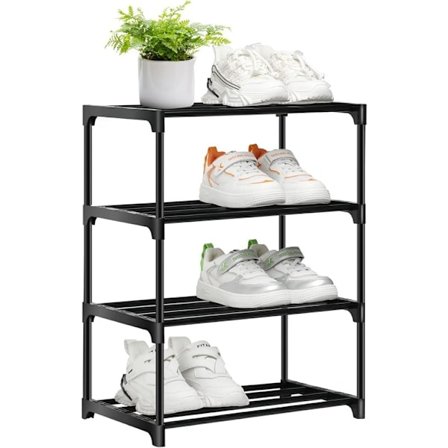 Skohylle med 4 nivåer, kompakt skohylle i metall, stablebar skooppbevaring for gangen, smal design – ingen montering kreves 4 nivåer