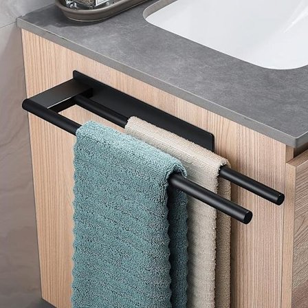 Håndklestativ Uten Boring Rustfritt Stål Dobbelt Håndklestativ Selvklebende To Armer Gjest Veggmontert Håndklestativ kompatibelt Bad Kjøkken Svart