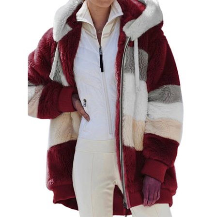 Damejakke Vinter varm hettegenser Colorblock Plysjjakke Wine Red