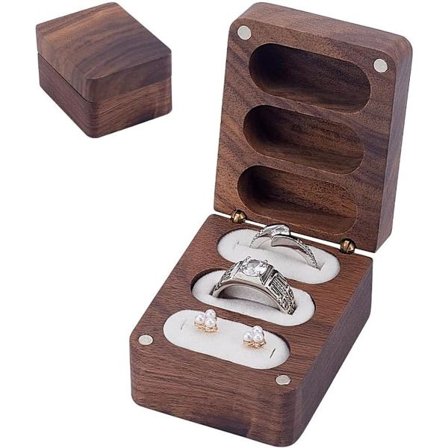 Allecto plus, ringæske i massivt træ med 3 rum og hvidt fløjl, smykke ringholder, bryllupsceremoni, gaveæske