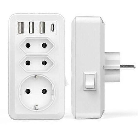 USB Stikkontakt med USB, USB Væg Stikkontakt Oplader med 3 AC Stik (16A, 4000W), 3 USB Porte, 1 Type-C Port, til Hjemmekontor Rejse