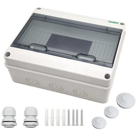 Vanntett koblingsboks, ABS strømforsyningskapsling med transparent lokk, DIN-skinne monterbar for 12 moduler Enkel tilgang og vedlikehold