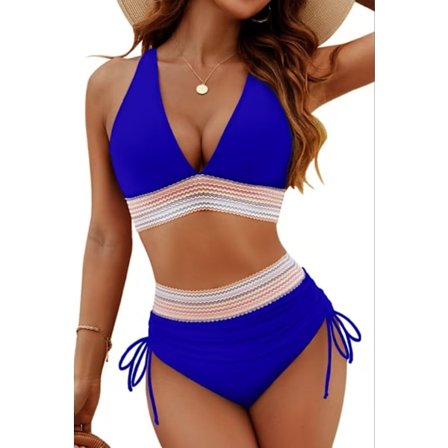 Høy midje bikini sett med magekontroll og fargeblokkdesign todelt snøredrakt